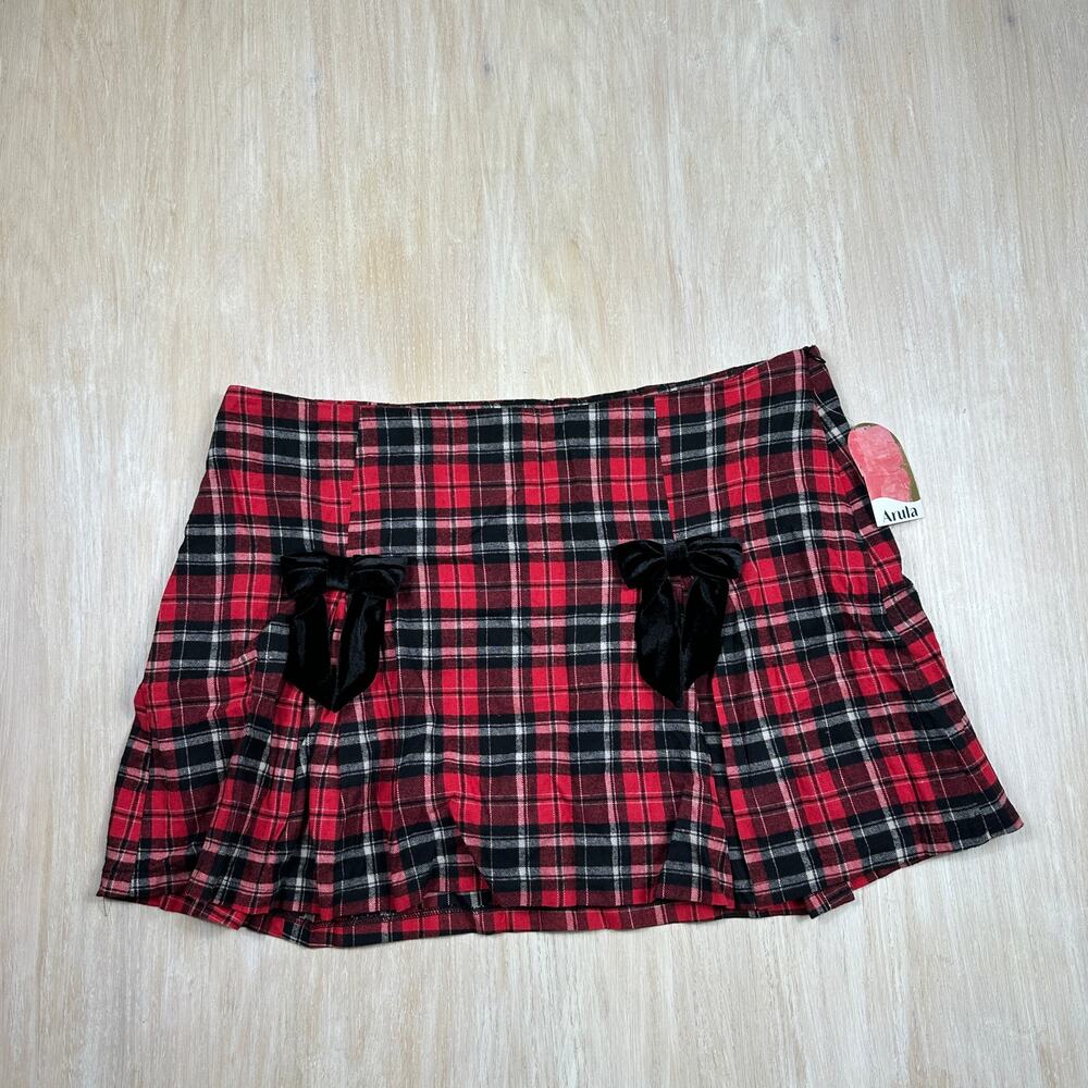 NWT Arula Plaid Pleated Skort Red Black Bow Mini Skirt Built In Shorts Plus 2X
